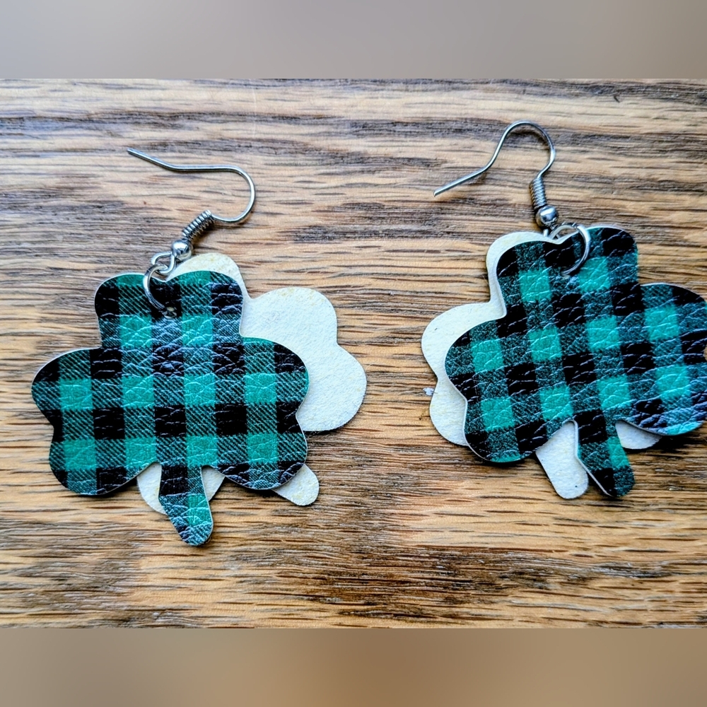Plaid Green And Black Shamrock Hanging Earrings